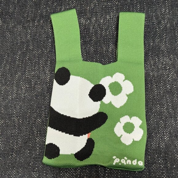 Japanese Style Knot Wristlet Bag, Jacquard Knit Floral Panda, Green Multi - Picture 2 of 7